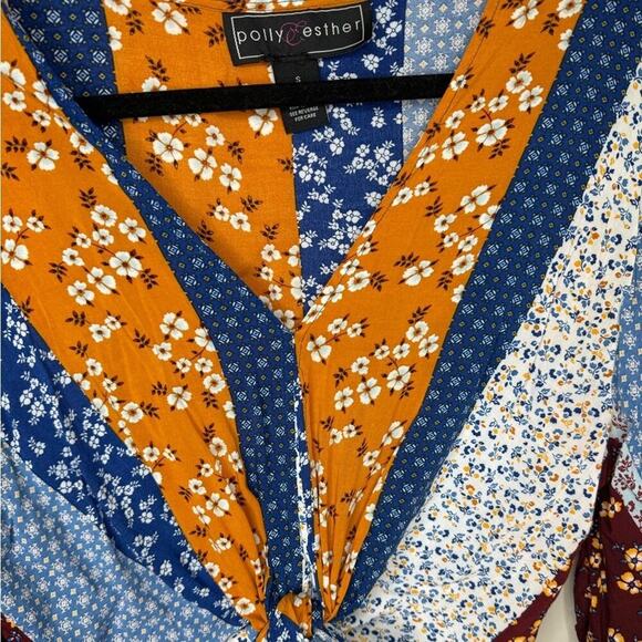 Blue and orange Boho patchwork floral tie front blouse - medium - Picture 3 of 3